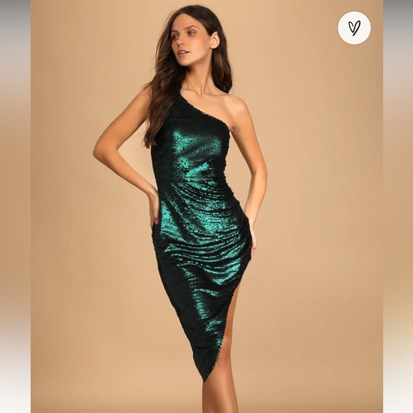 Emerald Green Sequin Sexy One-Shoulder Midi Dress Lulu NWT Medium - Picture 1 of 6